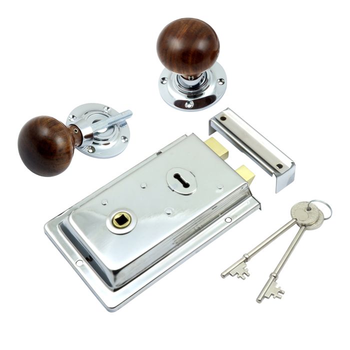 Prima Hardware Rim Lock + Rosewood Mushroom Rim Knob