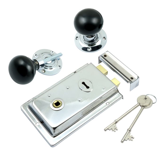Prima Hardware Rim Lock + Ebony Mushroom Rim Knob