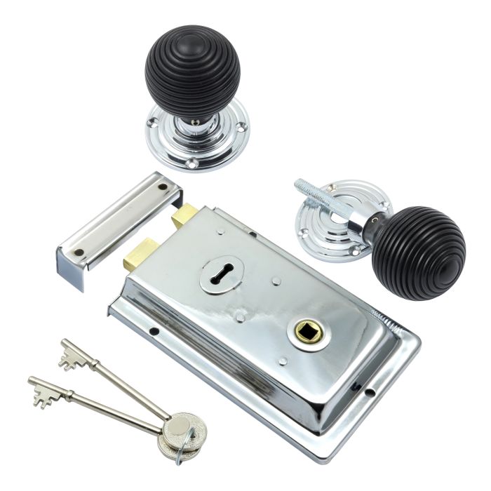 Prima Hardware Rim Lock + Ebony Reeded Rim Knob