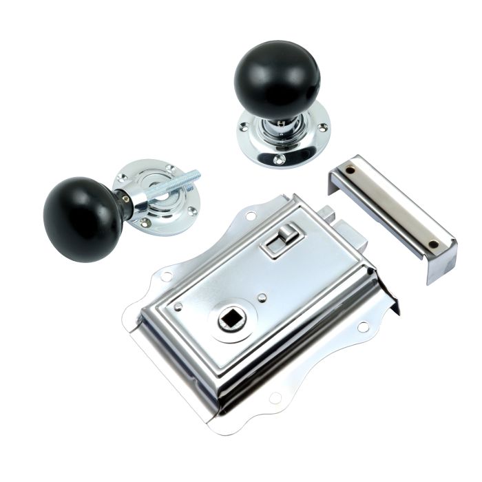 Prima Hardware Fancy Rim Latch + Ebony Mushroom Rim Knob