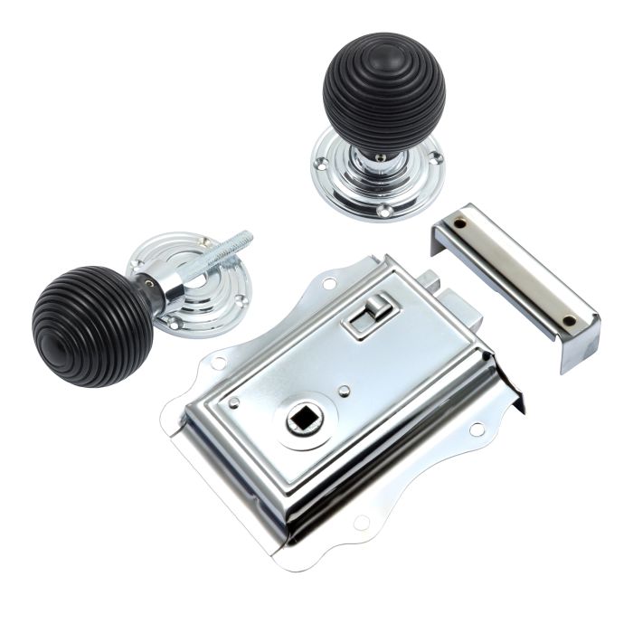Prima Hardware Fancy Rim Latch + Ebony Reeded Rim Knob