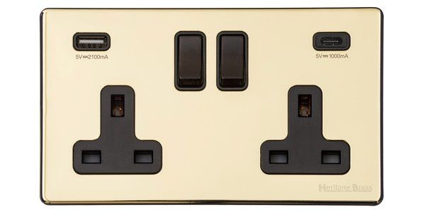 Heritage Brass Vintage Range Polished Brass, X01 - 2G 13A Socket with USB-A+C