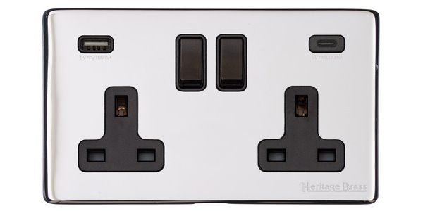 Heritage Brass Vintage Range Polished Chrome, X02 - 2G 13A Socket with USB-A+C