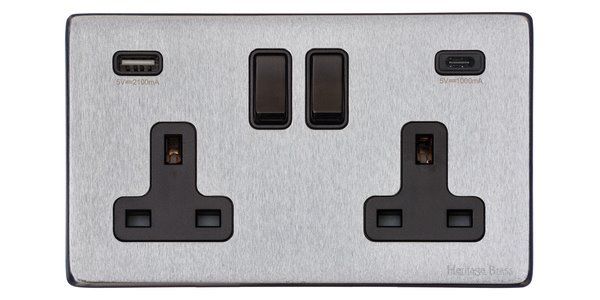 Heritage Brass Vintage Range Satin Chrome, X03 - 2G 13A Socket with USB-A+C