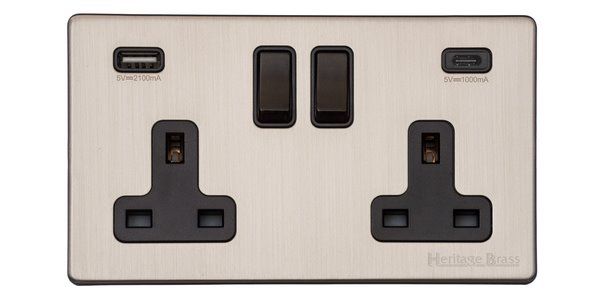 Heritage Brass Vintage Range Satin Nickel, X05 - 2G 13A Socket with USB-A+C