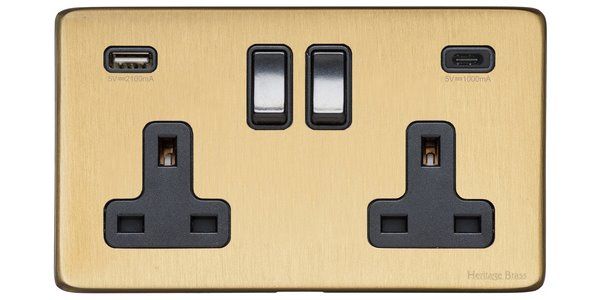 Heritage Brass Vintage Range Satin Brass, X44 - 2G 13A Socket with USB-A+C