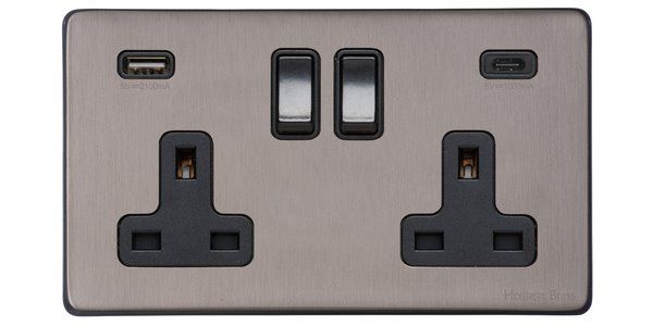Heritage Brass Vintage Range Satin Black Nickel, X66 - 2G 13A Socket with USB-A+C