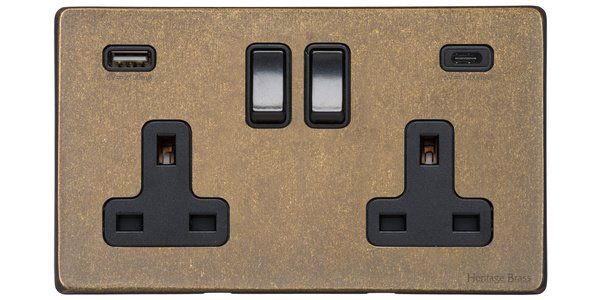 Heritage Brass Vintage Range Rustic Brass, XRB - 2G 13A Socket with USB-A+C