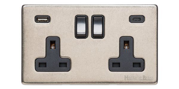 Heritage Brass Vintage Range Rustic Nickel, XRN - 2G 13A Socket with USB-A+C