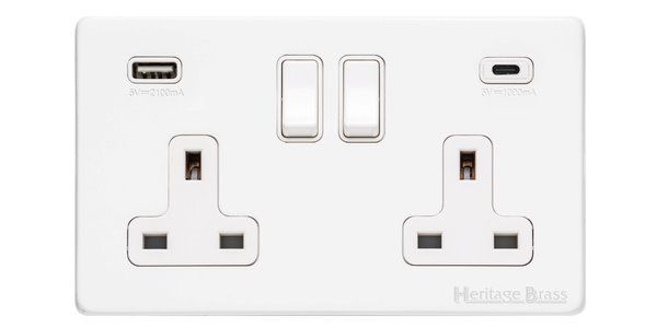 Heritage Brass Vintage Range Matt White, XWH - 2G 13A Socket with USB-A+C