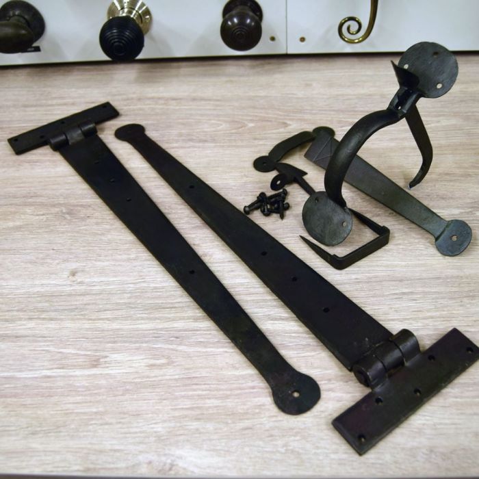 Hand Forged T Hinges and Suffolk Thumb Latch Set Beeswaxed