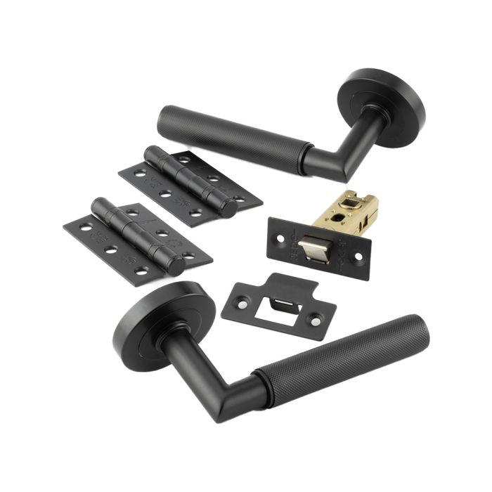 Frelan - Nero Mitred Knurled Door Handle on Rose Pack - Matt Black