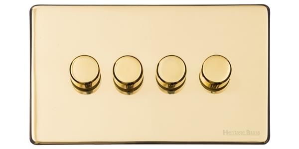 Heritage Brass Vintage Range Unlacquered Polished Brass, XUL - 4 Gang TED Dimmer (Compatible with LED Lamps)
