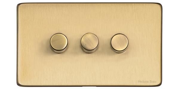 Heritage Brass Vintage Range Satin Brass, X44 - 3 Gang TED Dimmer (Compatible with LED Lamps)
