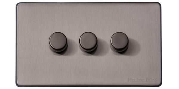Heritage Brass Vintage Range Satin Black Nickel, X66 - 3 Gang TED Dimmer (Compatible with LED Lamps)